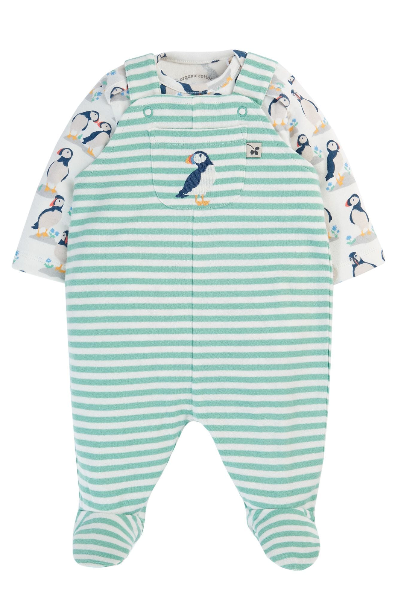 Frugi Organic Cotton Puffin Footed Dungaree Gift Set Sleepsuit / Babygrow Frugi