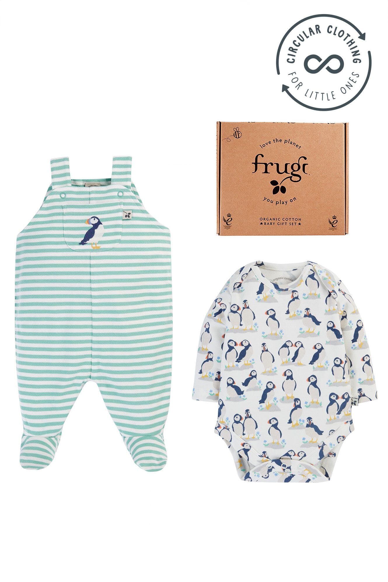 Frugi Organic Cotton Puffin Footed Dungaree Gift Set Sleepsuit / Babygrow Frugi