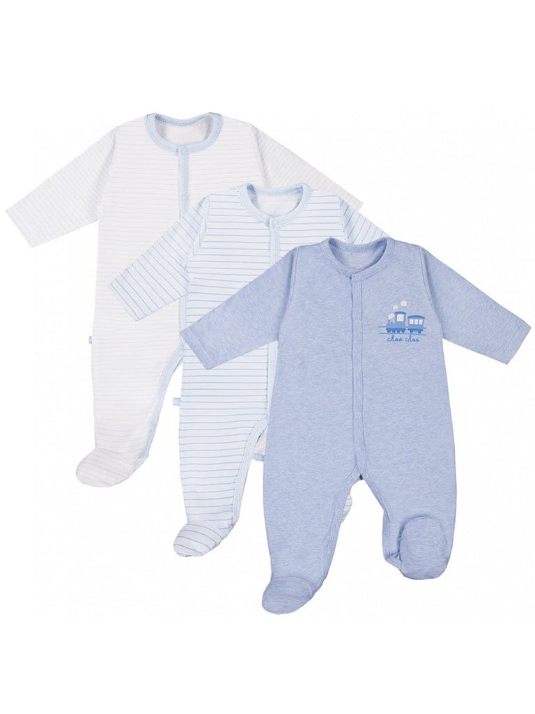 3 Pack Early Baby Footed Sleepsuits, Trains - Blue Sleepsuit / Babygrow EEVI