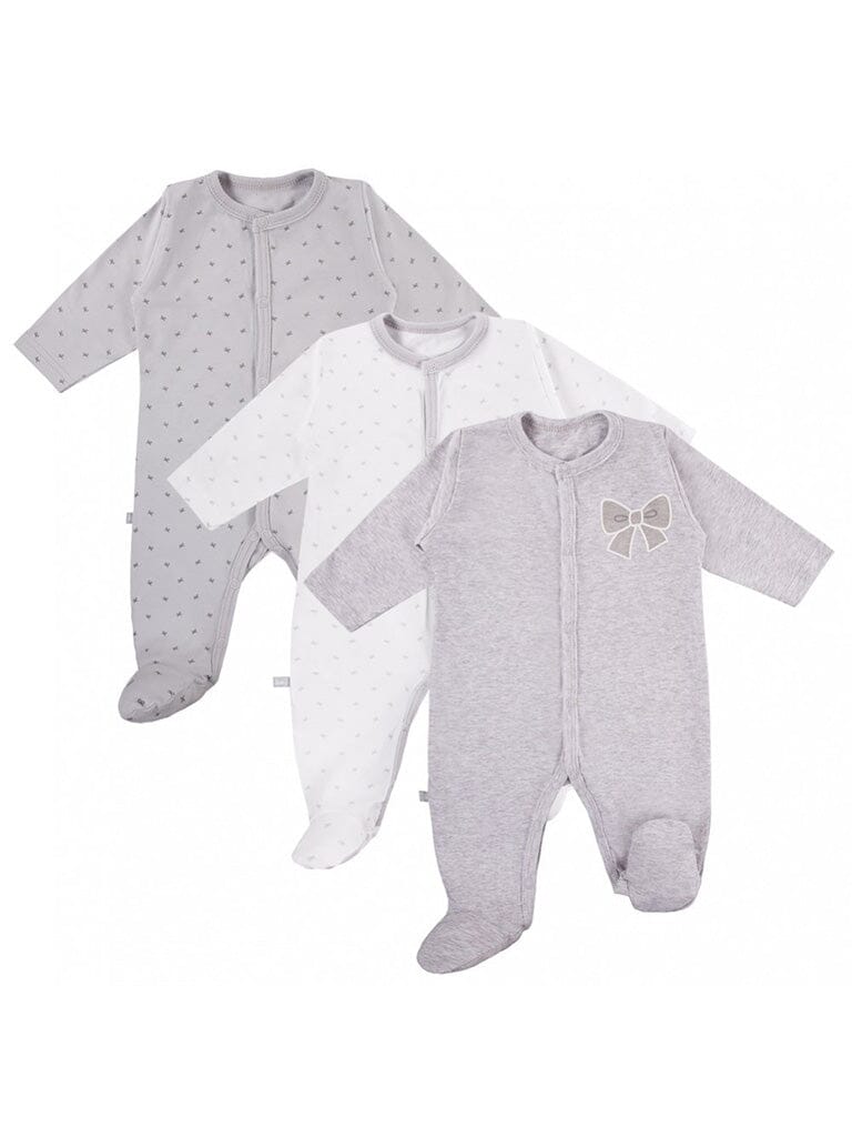 3 Pack Footed Sleepsuits, Bows, Grey Sleepsuit / Babygrow EEVI