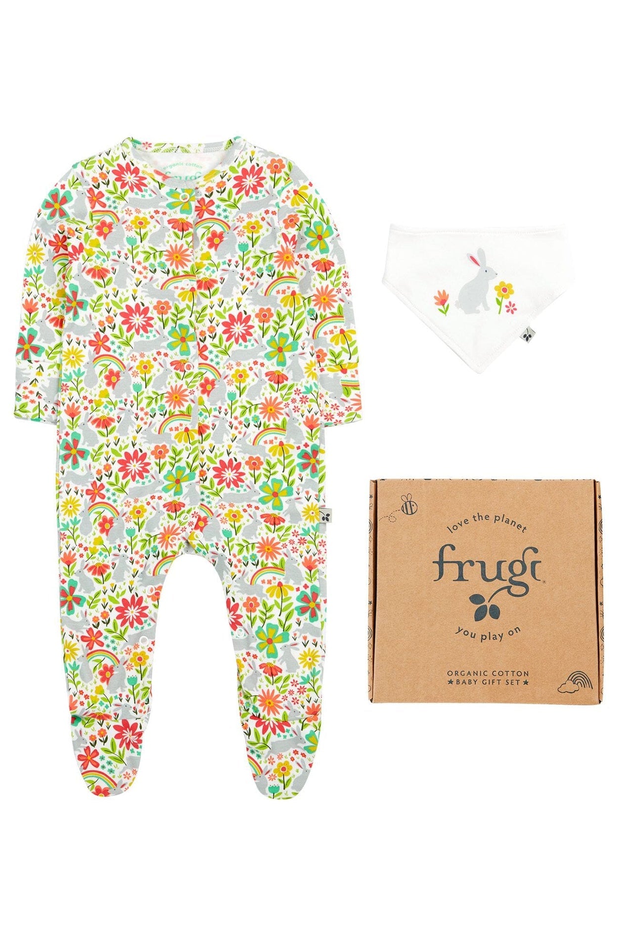Frugi Organic Cotton White Bunny Bounce Babygrow and Dribble Bib Gift Set Sleepsuit / Babygrow Frugi