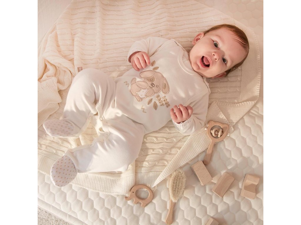 Early Baby Top & Puppy Footed Dungarees Set - Cream Dungaree EEVI