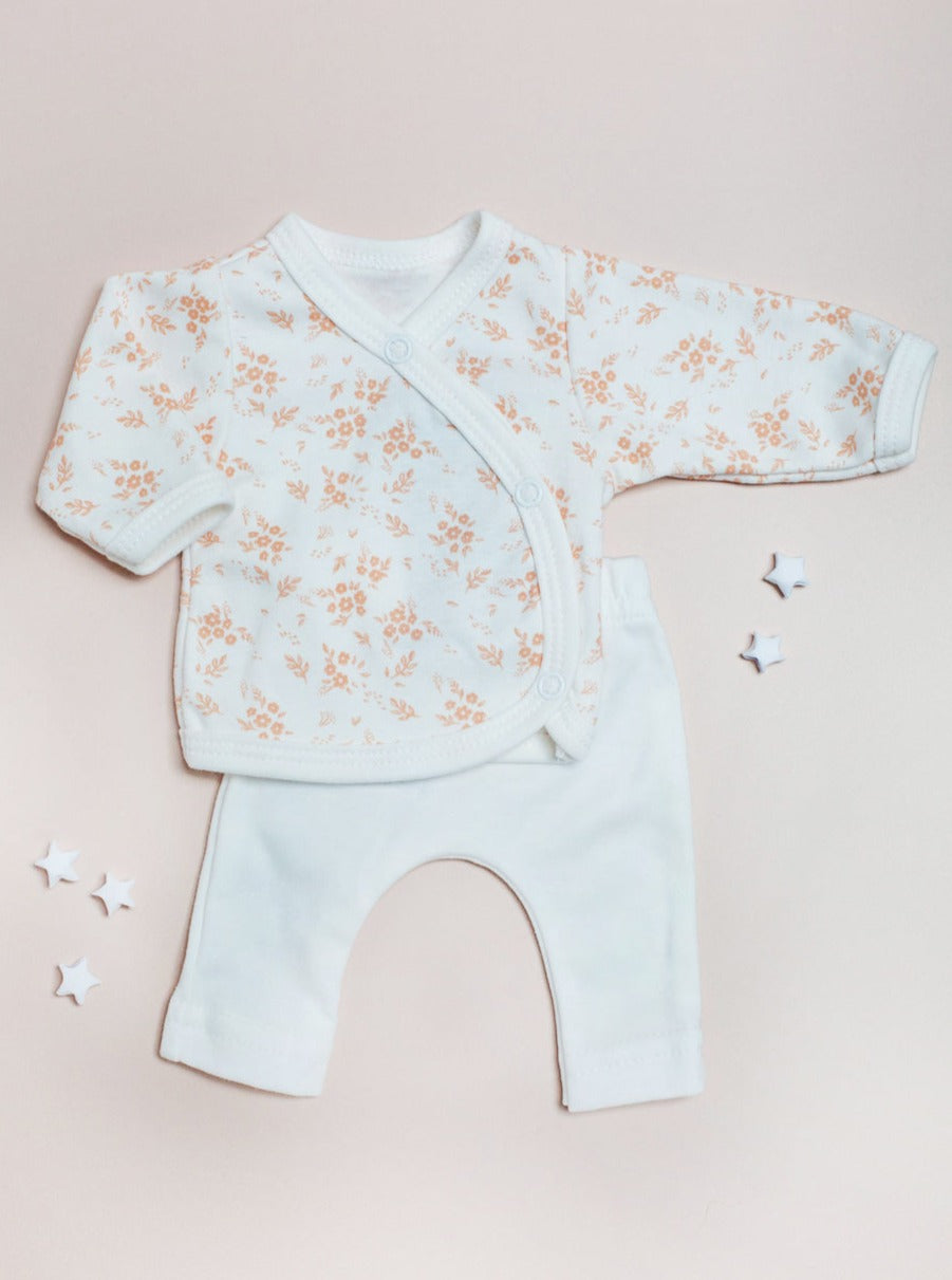 2 piece wrap top & trouser set, Apricot Floral , Organic Cotton Top & Trousers Tiny & Small