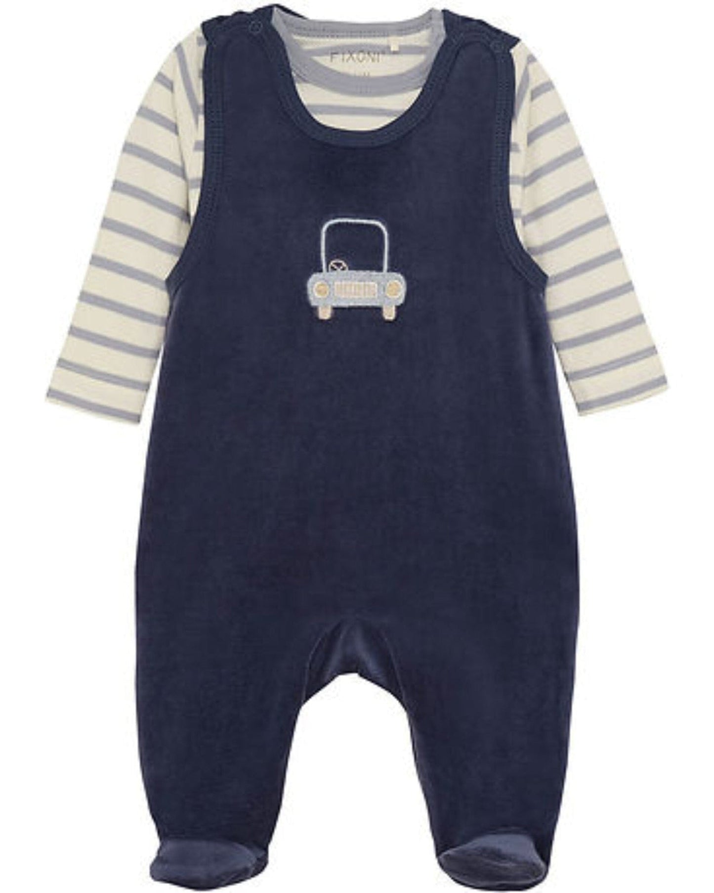 Navy Blue and Car Organic Cotton Velour Dungarees & Bodysuit Outfit Fixoni