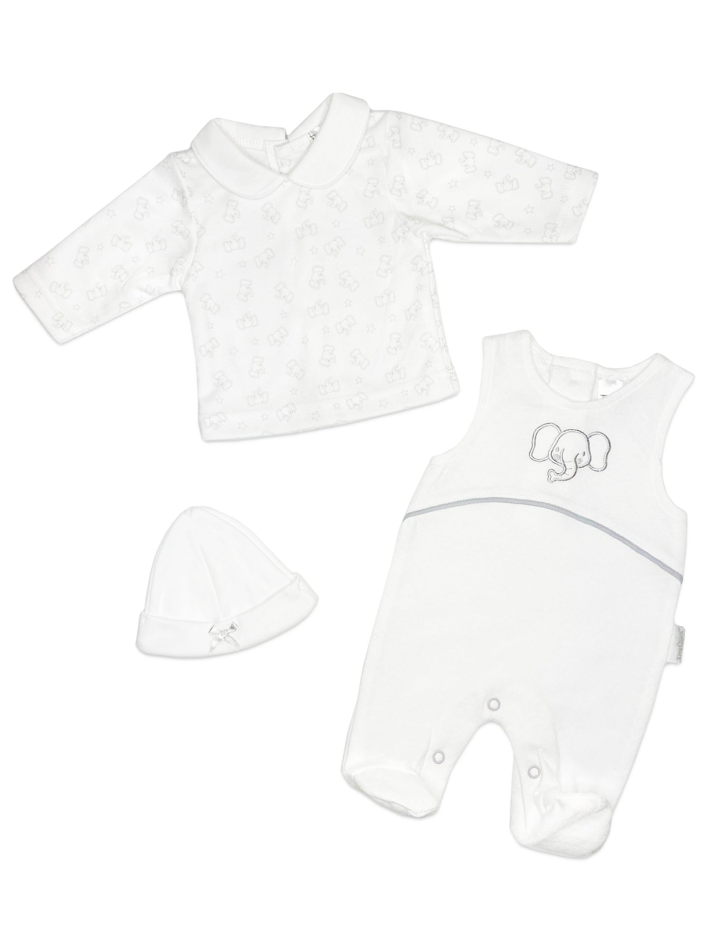 Elephant Dungaree, Long Sleeve Top & Hat - White Outift Tiny Chick