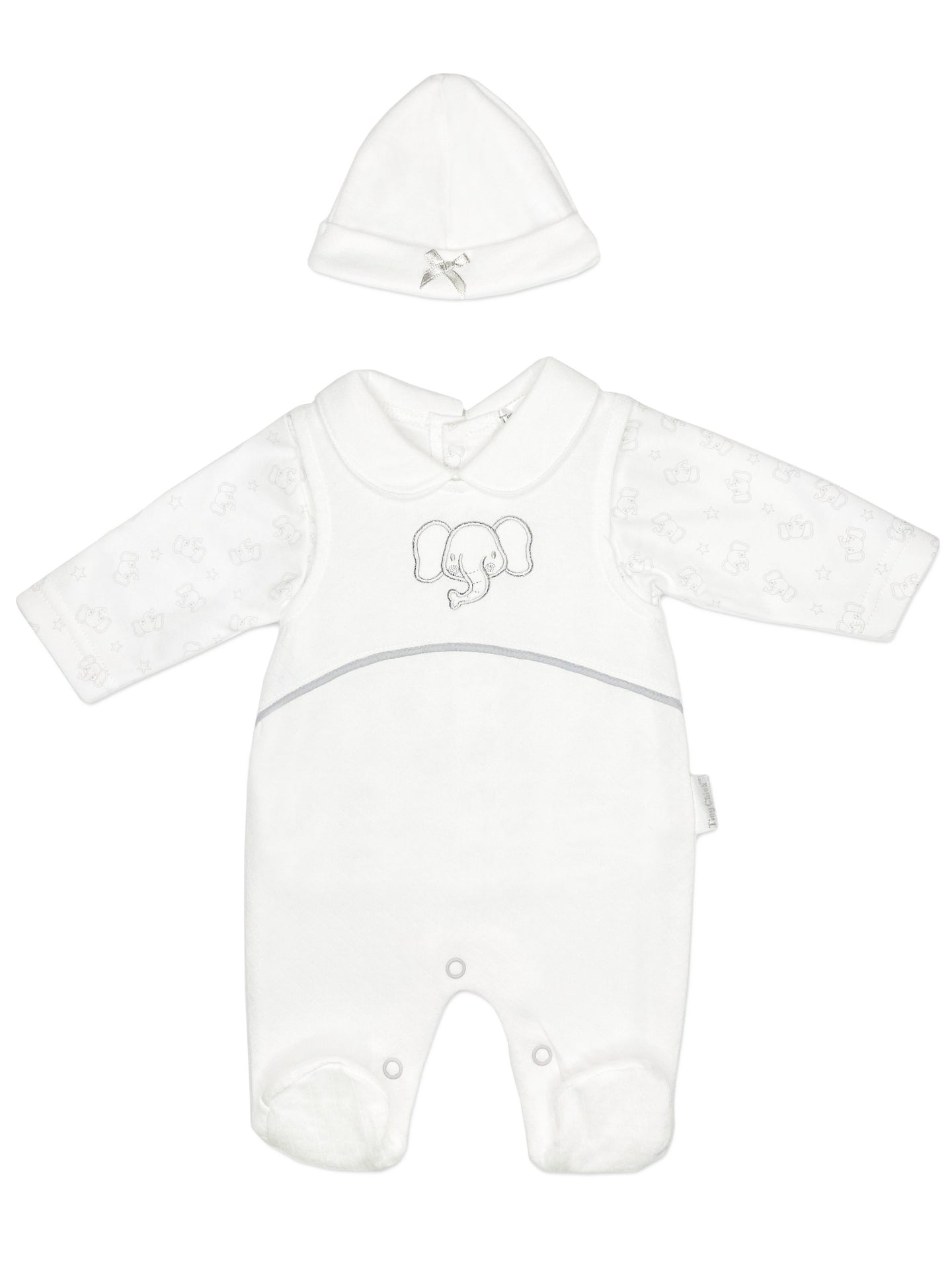 Elephant Dungaree, Long Sleeve Top & Hat - White Outift Tiny Chick
