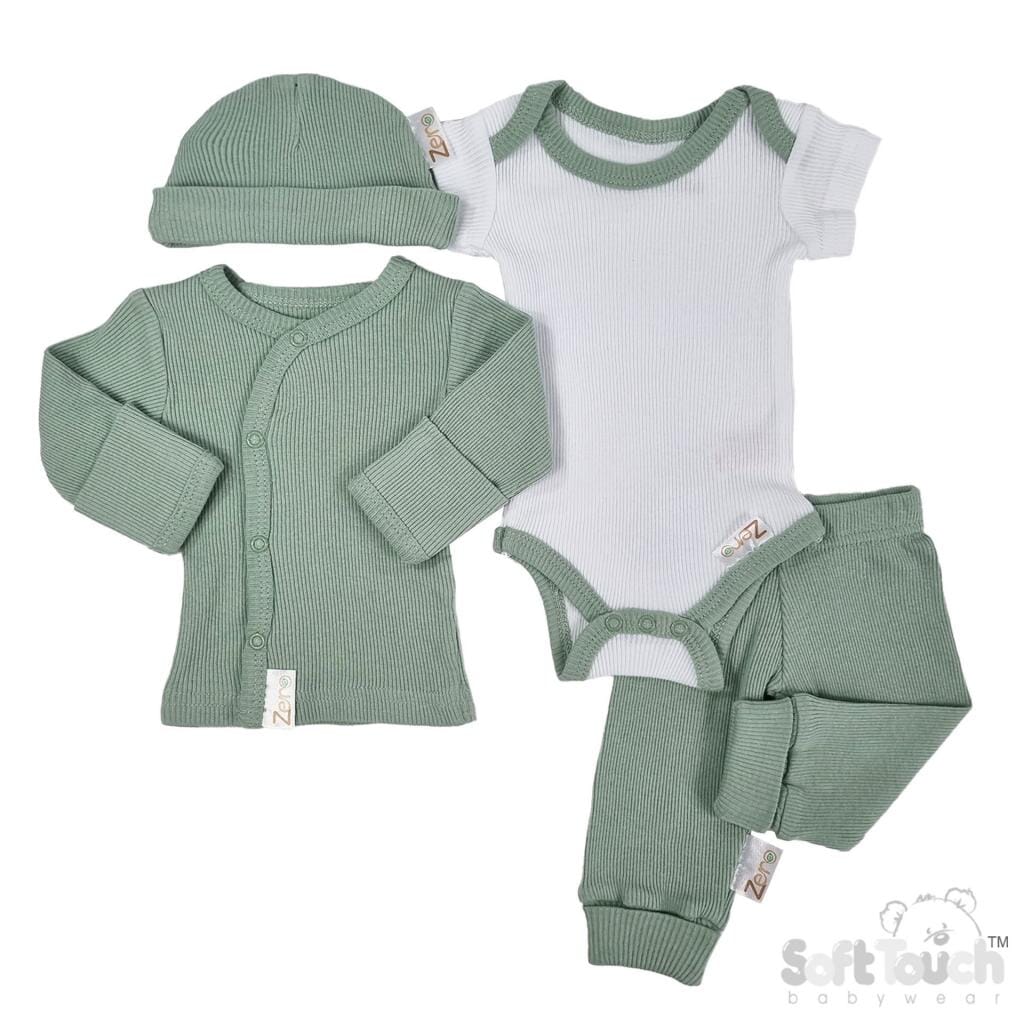4 piece set - Vest, Top, Trousers & Hat - Sage Green & White Set Soft Touch
