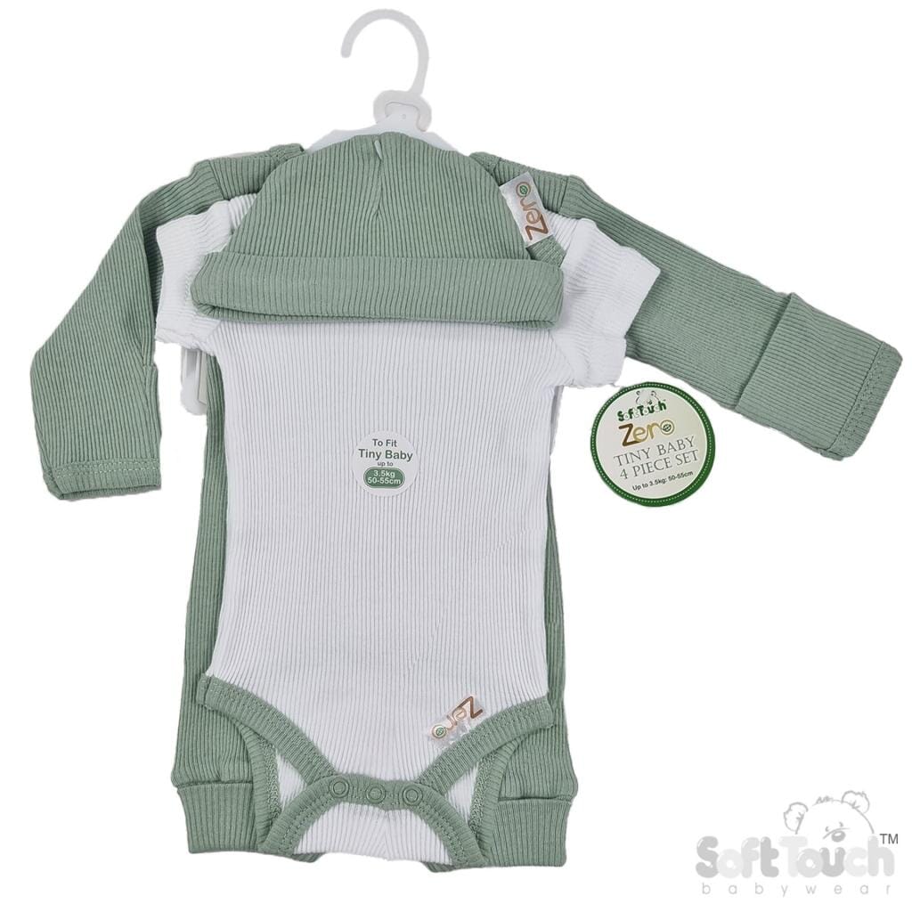 4 piece set - Vest, Top, Trousers & Hat - Sage Green & White Set Soft Touch