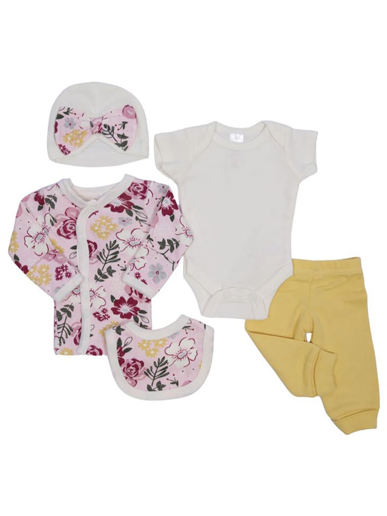 Floral Print 5 Piece Set - Vest, Top, Trousers, Bib & Hat Set Soft Touch
