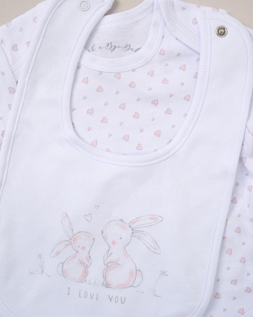 Rabbit layette gift set contents — bib