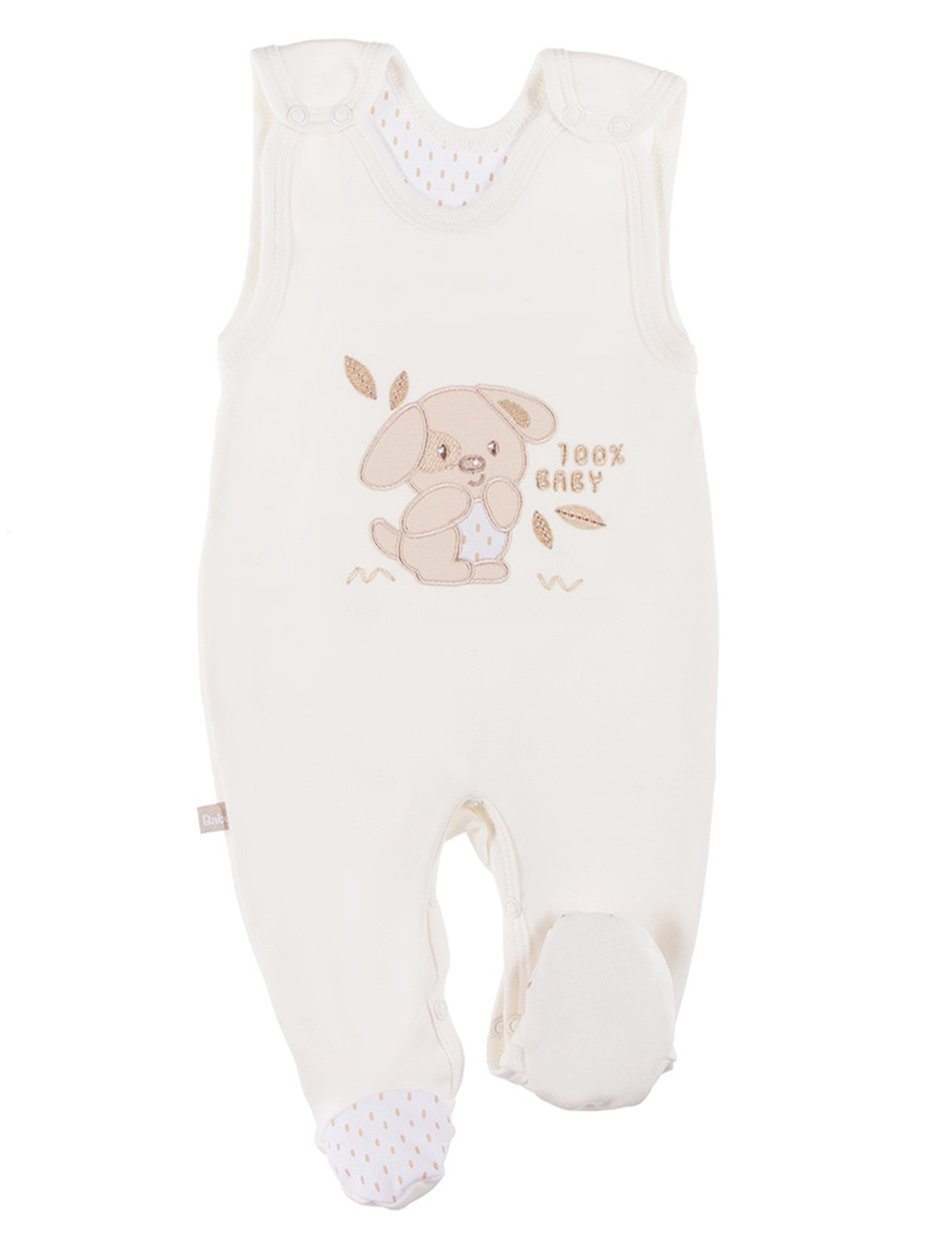 Early Baby Footed Dungarees, Embroidered Puppy Design - Cream Dungaree EEVI