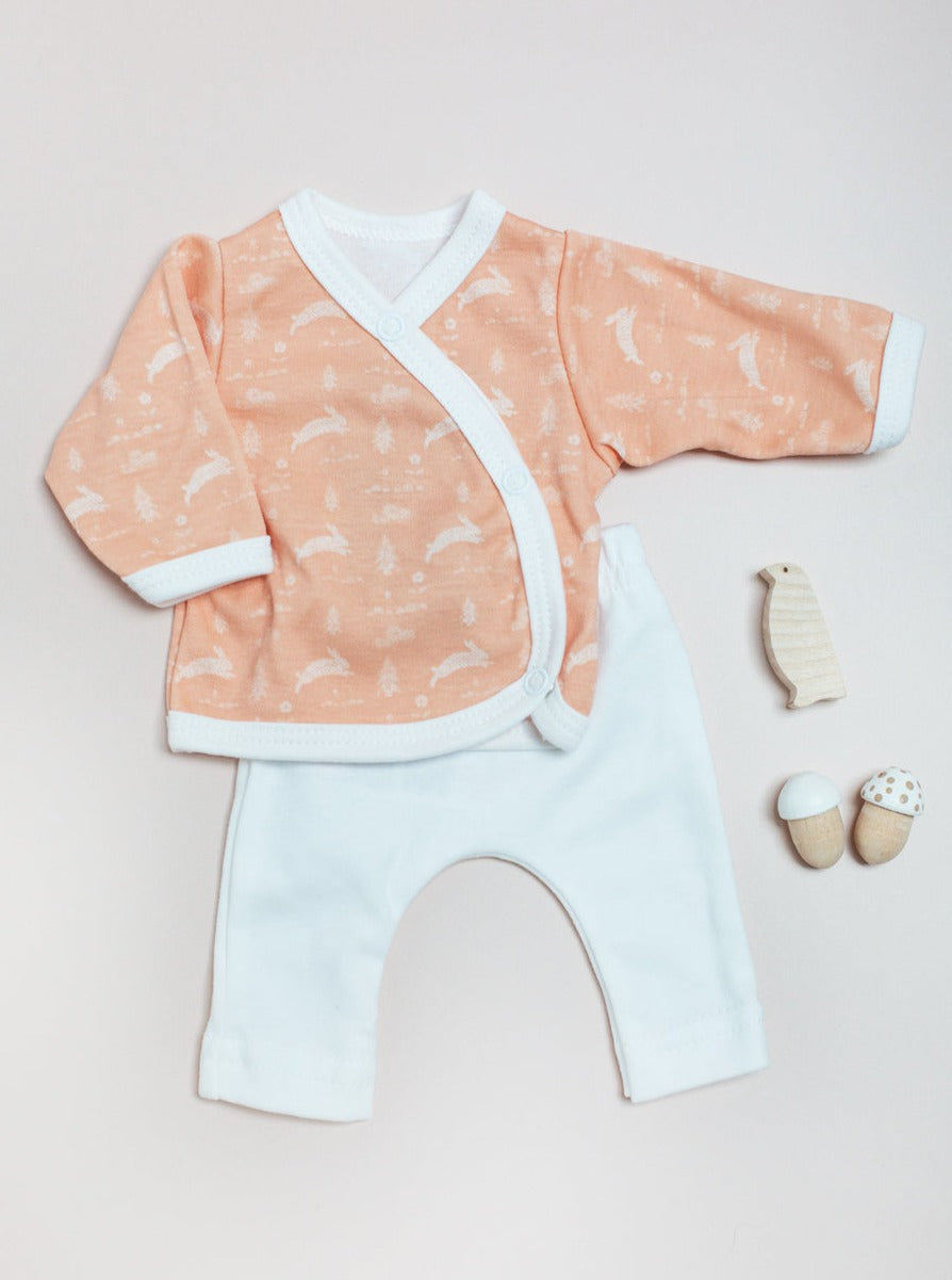 2 piece wrap top & trouser set, Leaping Bunnies, Organic Cotton Top & Trousers Tiny & Small