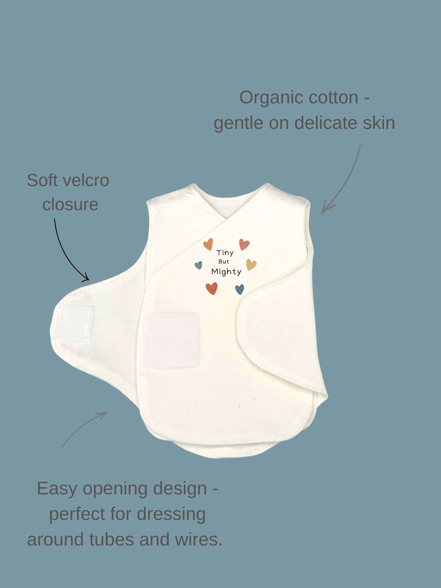 "Tiny But Mighty" incubator vest with velcro closures by Little Dreamer, front view