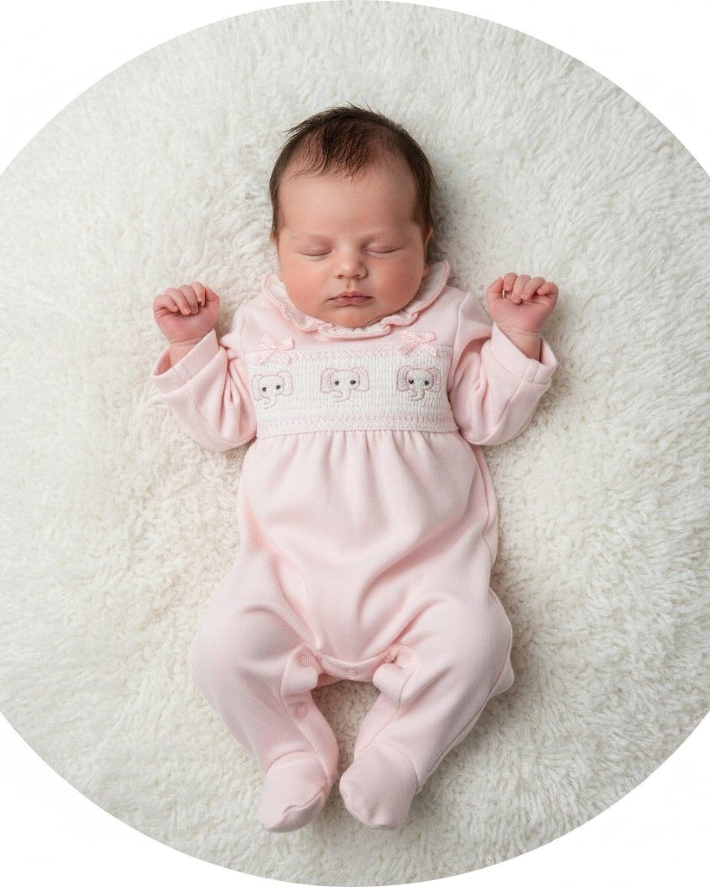 Baby Pink Smocked "Elephant" All In One Sleepsuit / Babygrow Tiny Chick