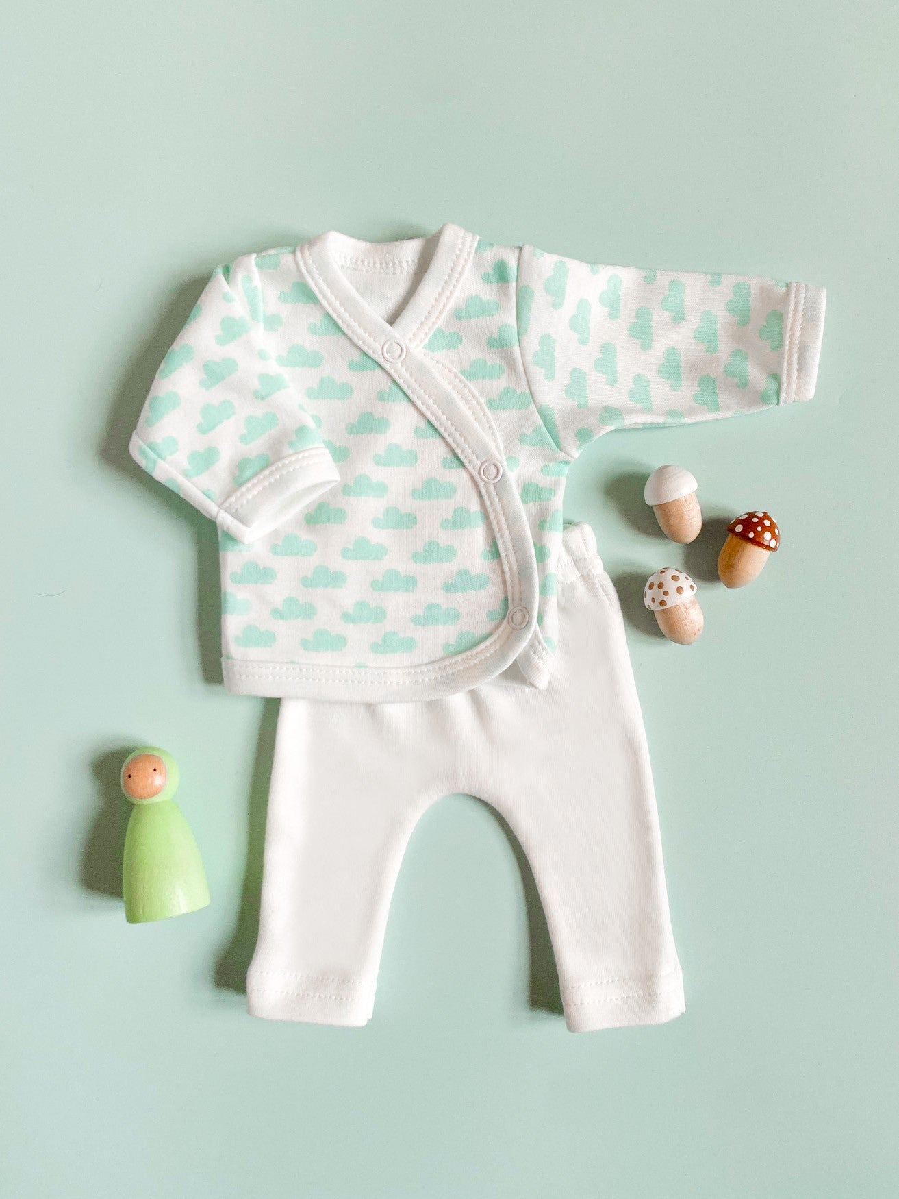 Premature Baby Set, Wrap Top & Trousers, Mint Cloud, 100% Organic Cotton Top & Trousers Tiny & Small