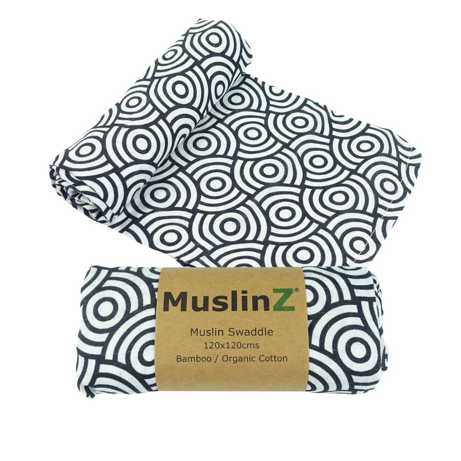 MuslinZ Bamboo/Organic Cotton Swaddle Blanket Black Swirl - 120x120cm Muslin Muslinz