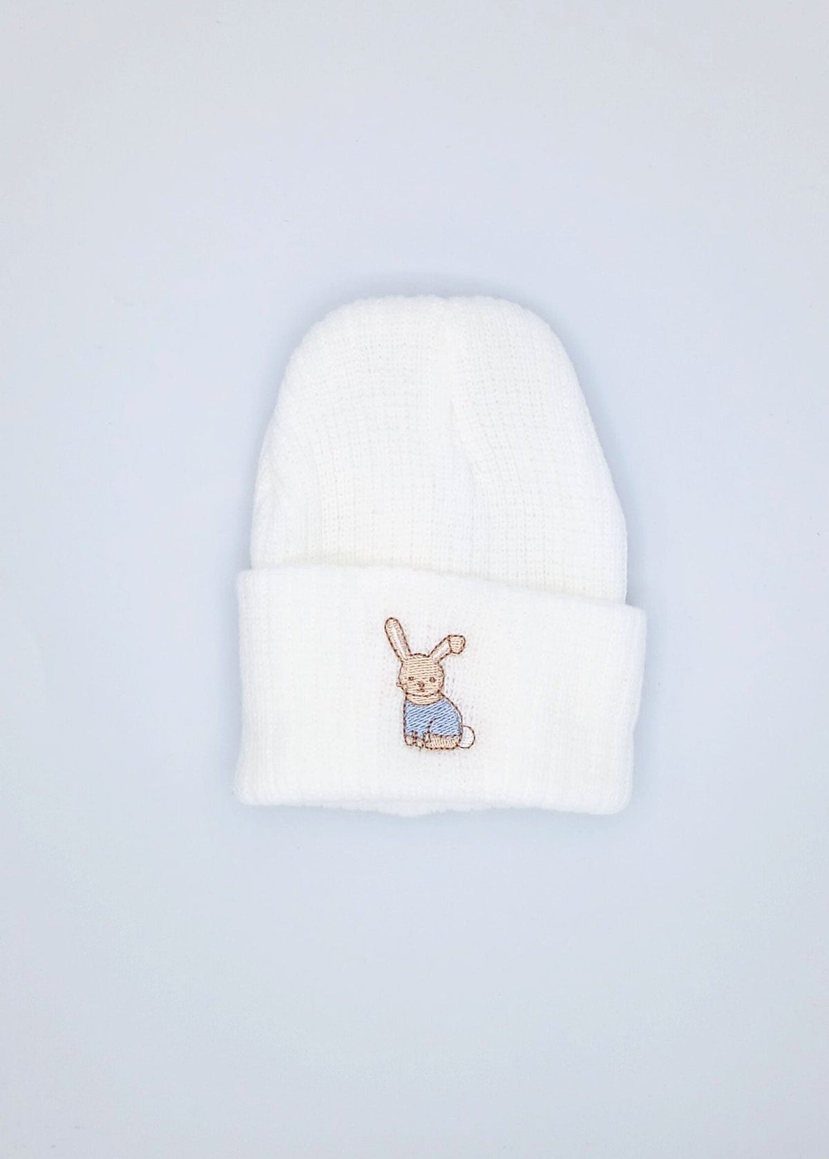 Tiny Baby White Knitted Hat With Blue Rabbit Embroidery Little Mouse Baby Clothing & Gifts
