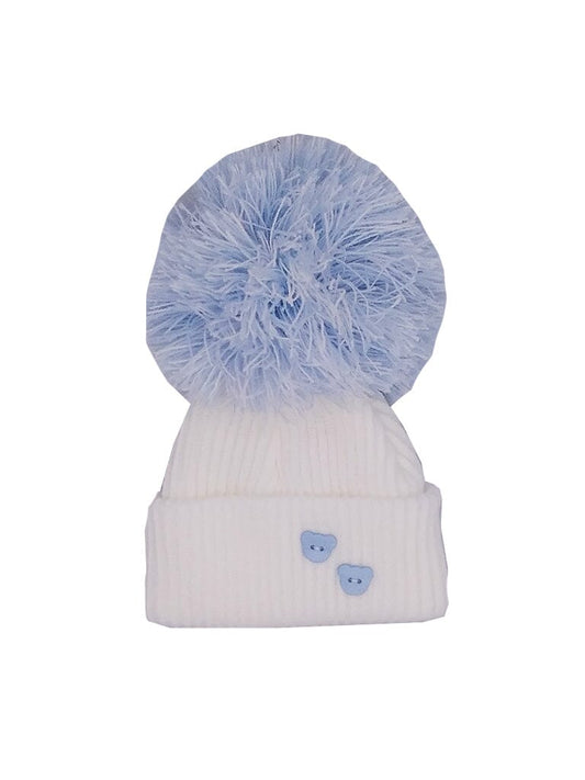 White and Blue Knitted Pom Pom Hat Hat Little Mouse Baby Clothing & Gifts