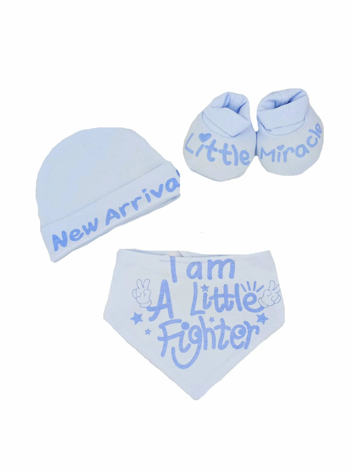 "Little Miracle" 3 piece hat, bib and booties gift set in blue by Soft Touch