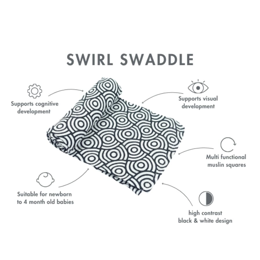 MuslinZ Bamboo/Organic Cotton Swaddle Blanket Black Swirl - 120x120cm Muslin Muslinz