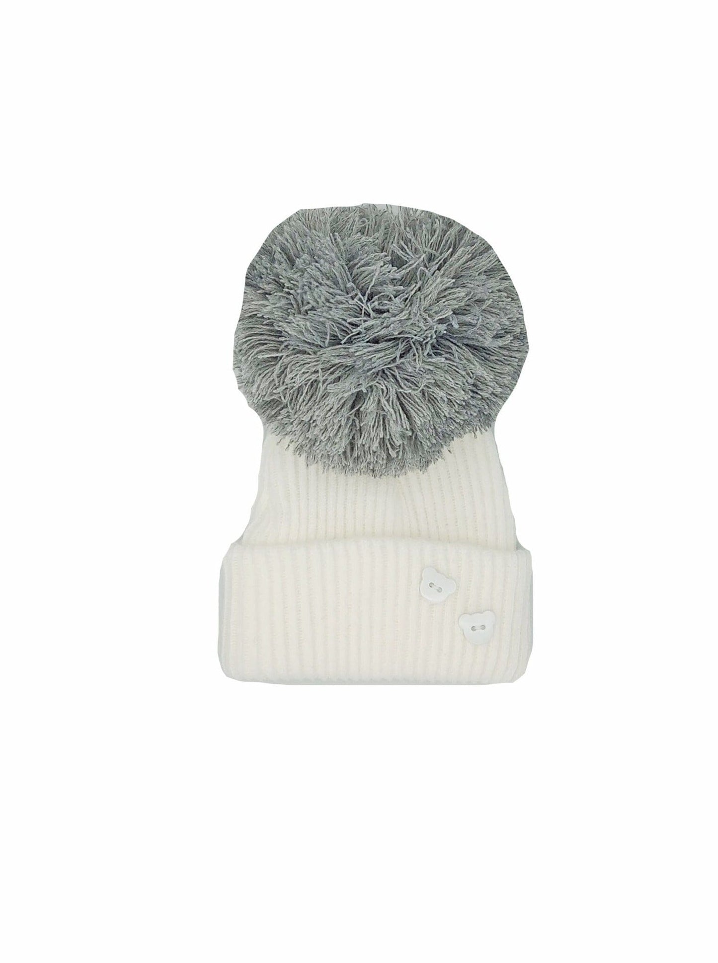White Knitted Hat with Grey Pom Pom Hat Little Mouse Baby Clothing and Gifts Ltd