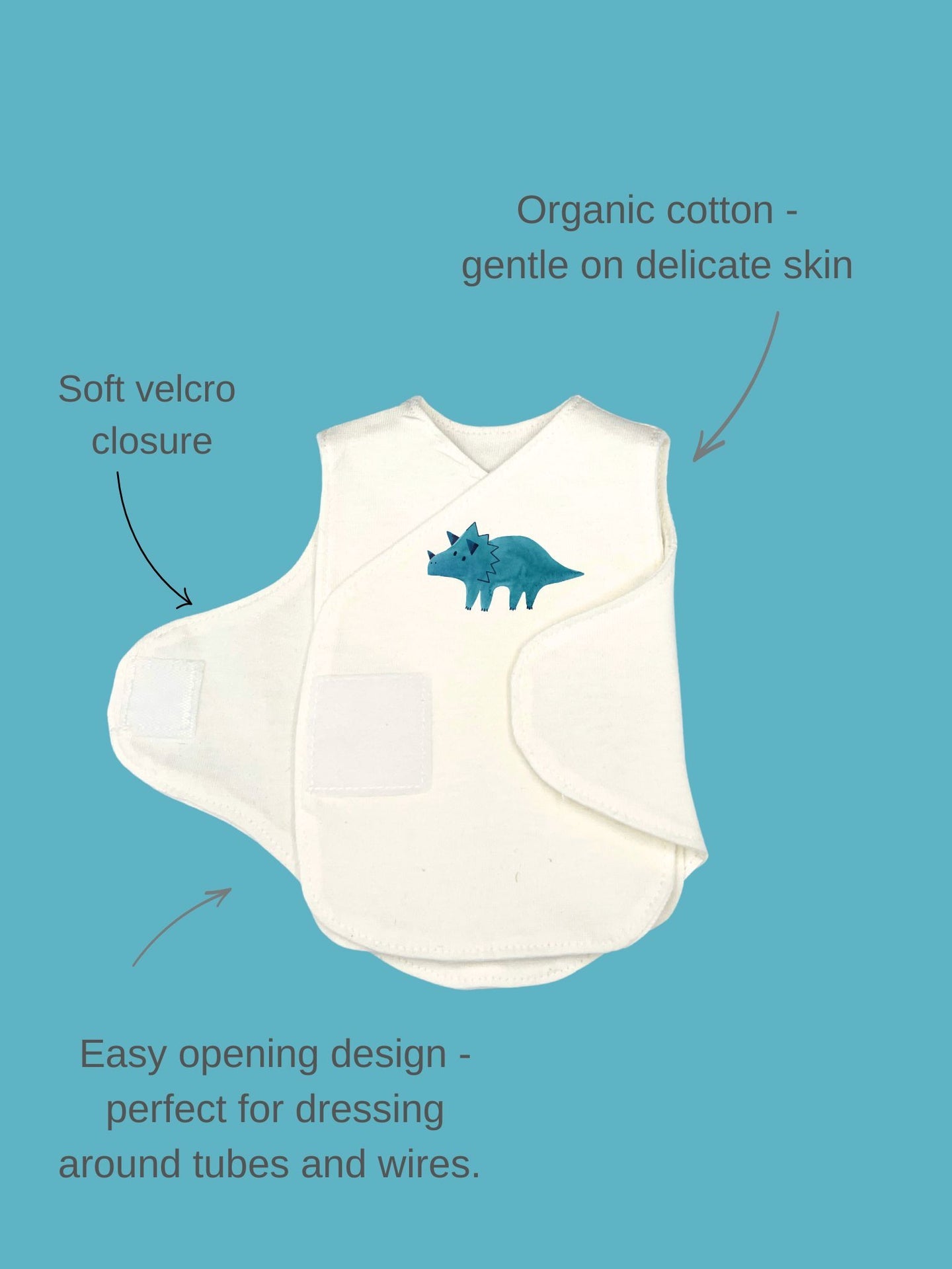 2 Pack NICU Vests, Organic Cotton, Dino Discovery, Velcro Bodysuit / Vest Little Dreamer