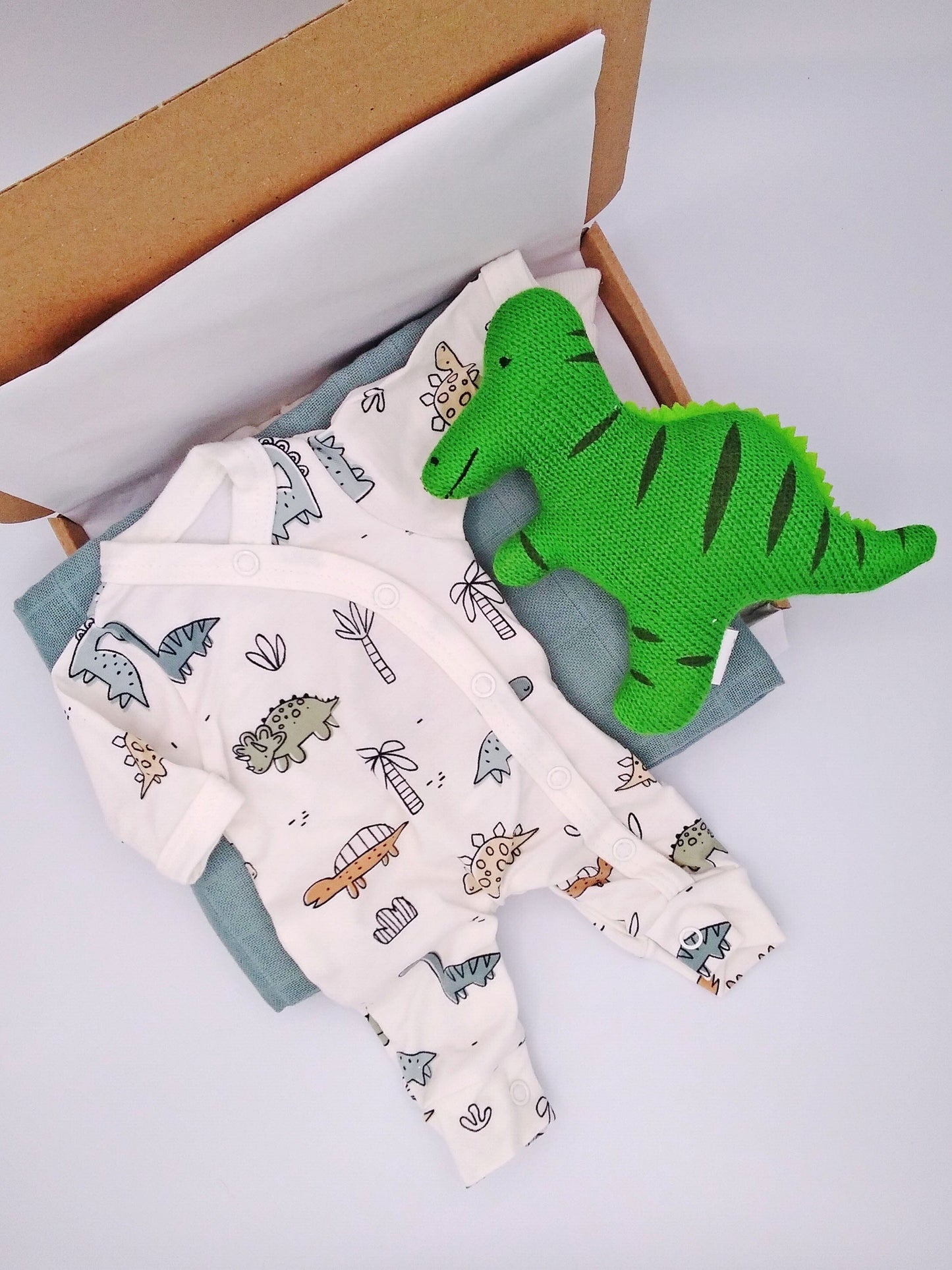 Dinosaur Buddies Gift Box -Sleepsuit, Toy, Muslin & Card Gift Set Tiny & Small