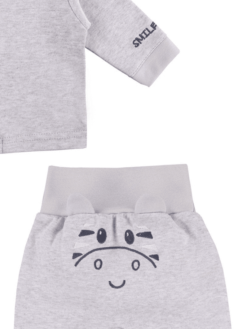 Zebra Design Top & Embroidered Face Trousers Set - Grey Top & Trousers EEVI
