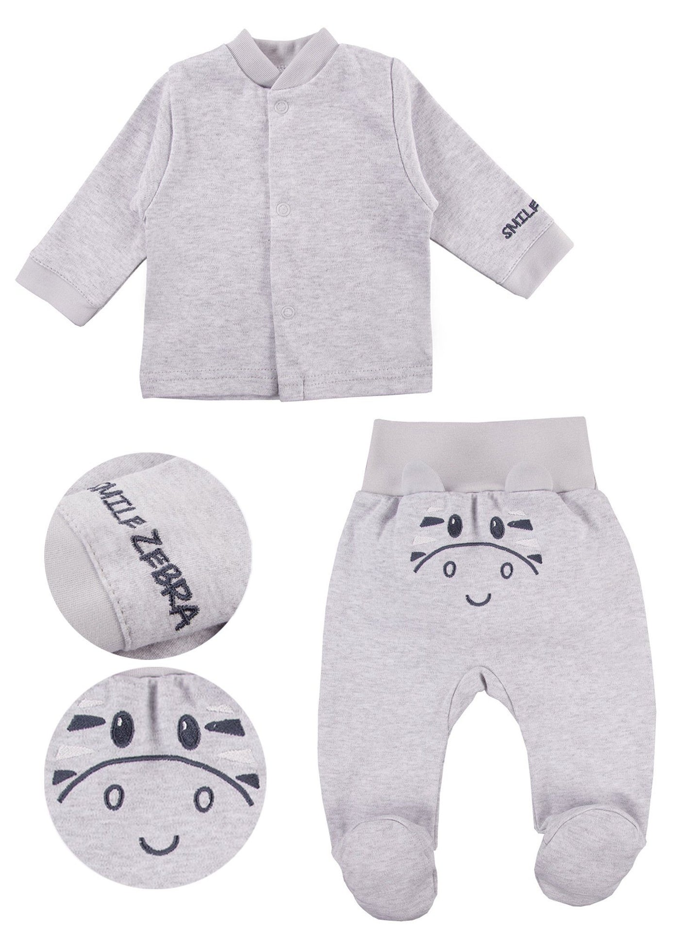 Zebra Design Top & Embroidered Face Trousers Set - Grey Top & Trousers EEVI