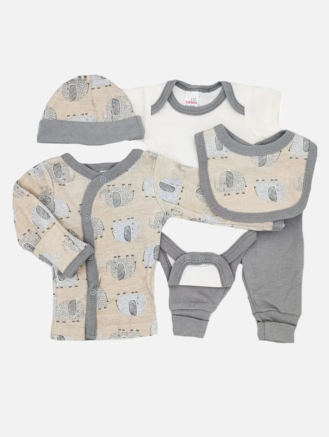 Elephant Print 5 Piece Set - Vest, Top, Trousers, Bib & Hat Outift Soft Touch