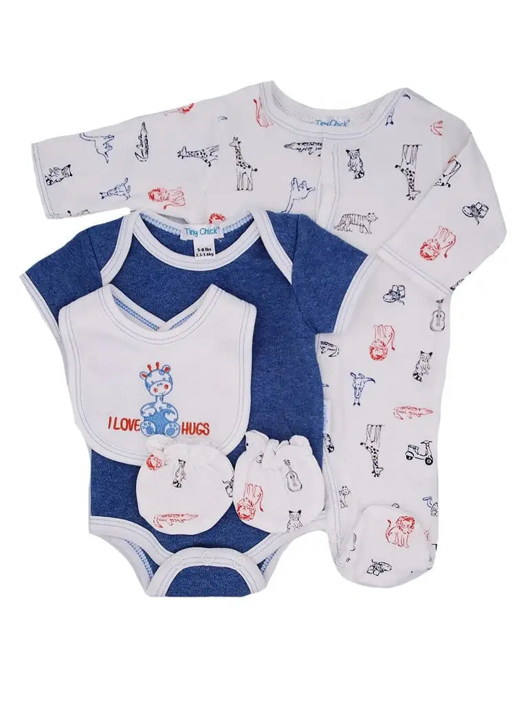 "I Love Hugs" 4 piece newborn gift set — sleepsuit, vest, mitts and bib by Tiny Chick