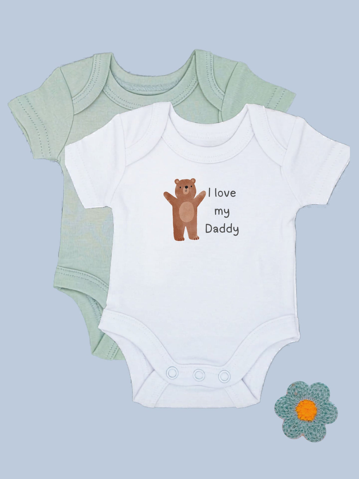 "I Love Daddy" teddy motif white bodysuit and sage bodysuit set by Little Dreamer