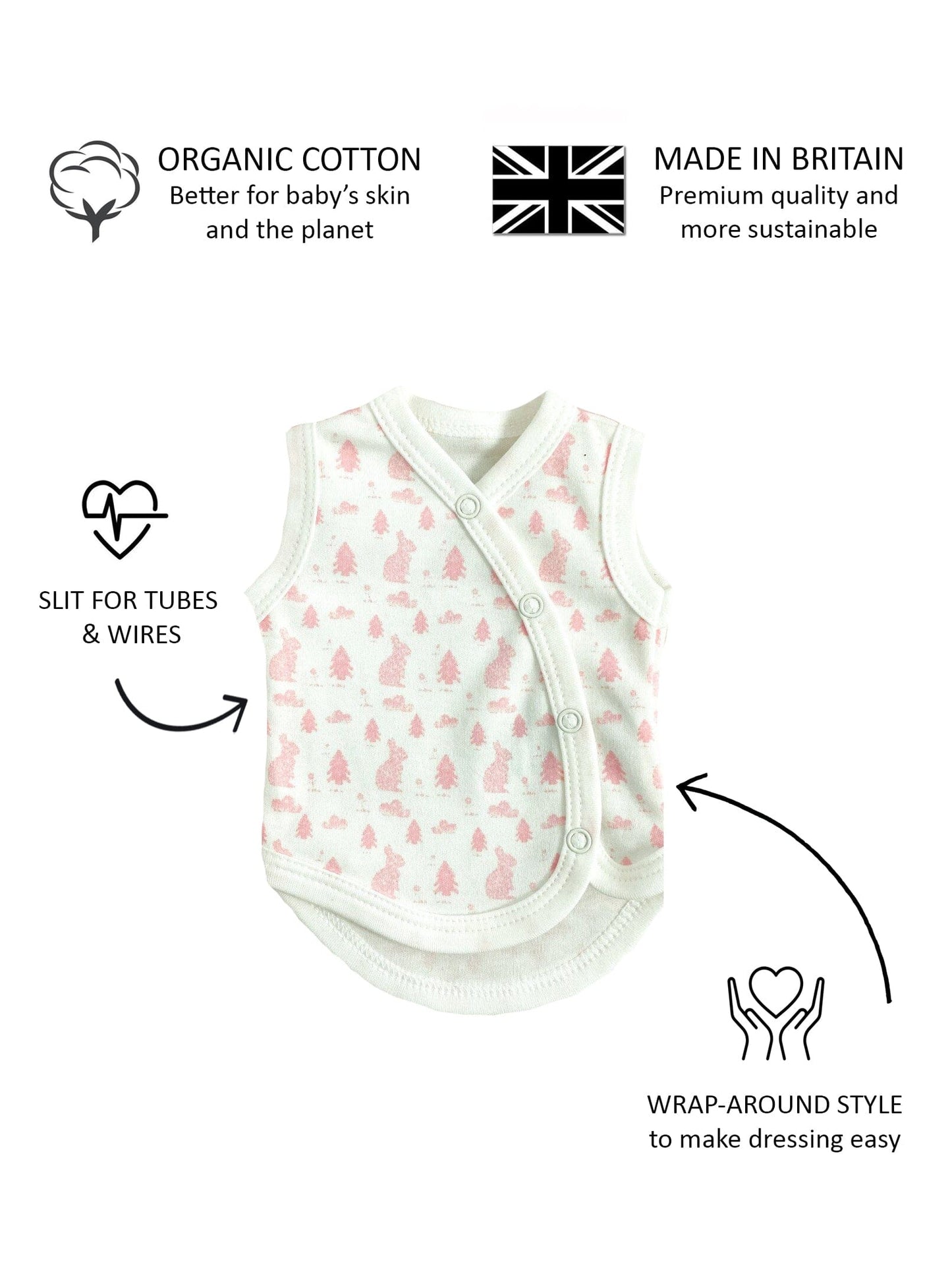 Incubator Vest, Bunny Meadow, Premium 100% Organic Cotton Bodysuit / Vest Tiny & Small