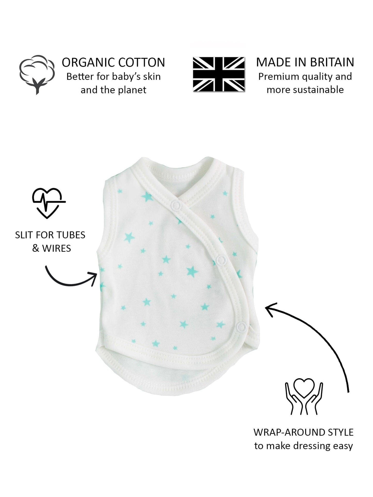 Incubator Vest, Mint Green Stars, Premium 100% Organic Cotton Bodysuit / Vest Tiny & Small