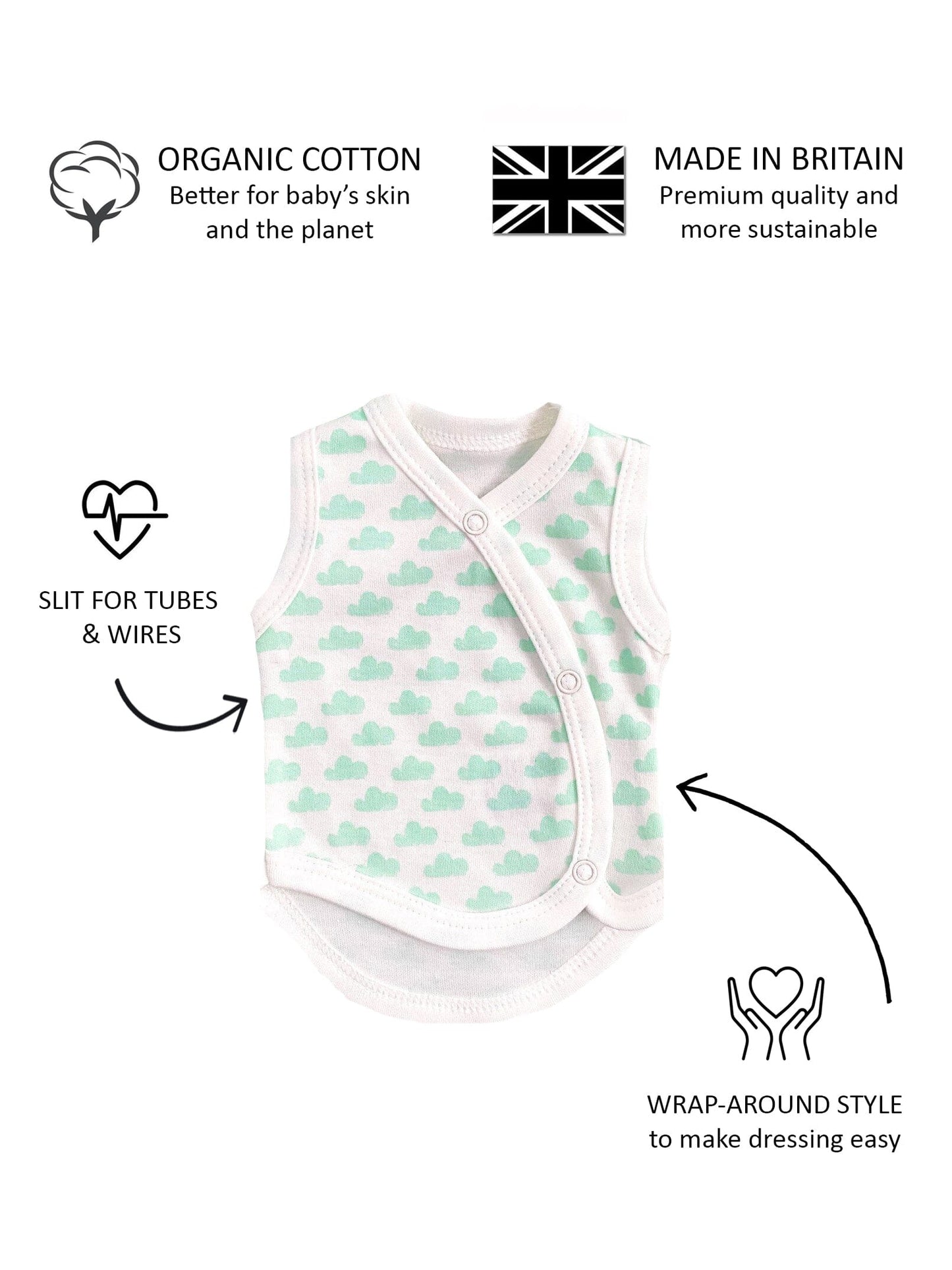 Incubator Vest, Mint Cloud, Premium 100% Organic Cotton Bodysuit / Vest Tiny & Small