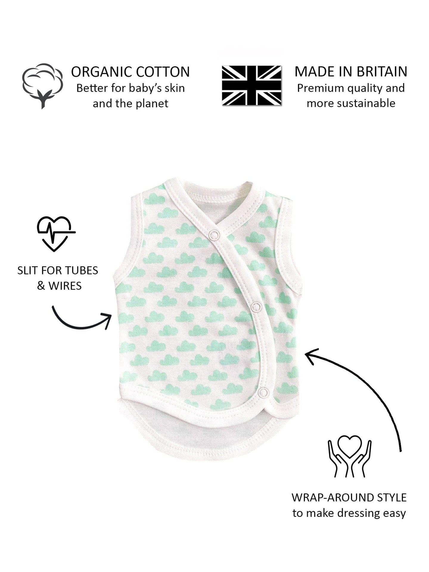 Incubator Vest, Mint Cloud, Premium 100% Organic Cotton Bodysuit / Vest Tiny & Small
