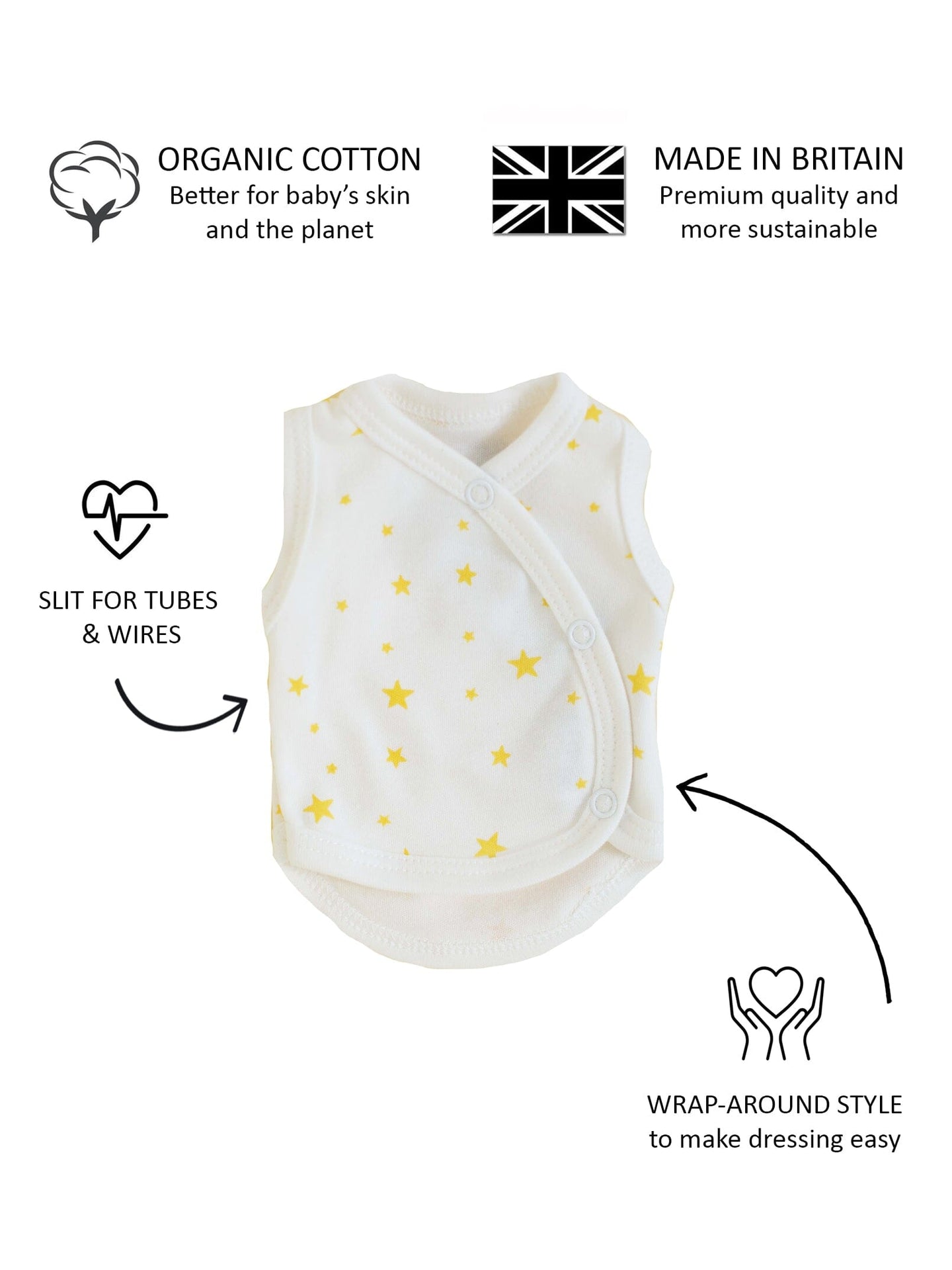 Incubator Vest, Yellow Stars, Premium 100% Organic Cotton Bodysuit / Vest Tiny & Small