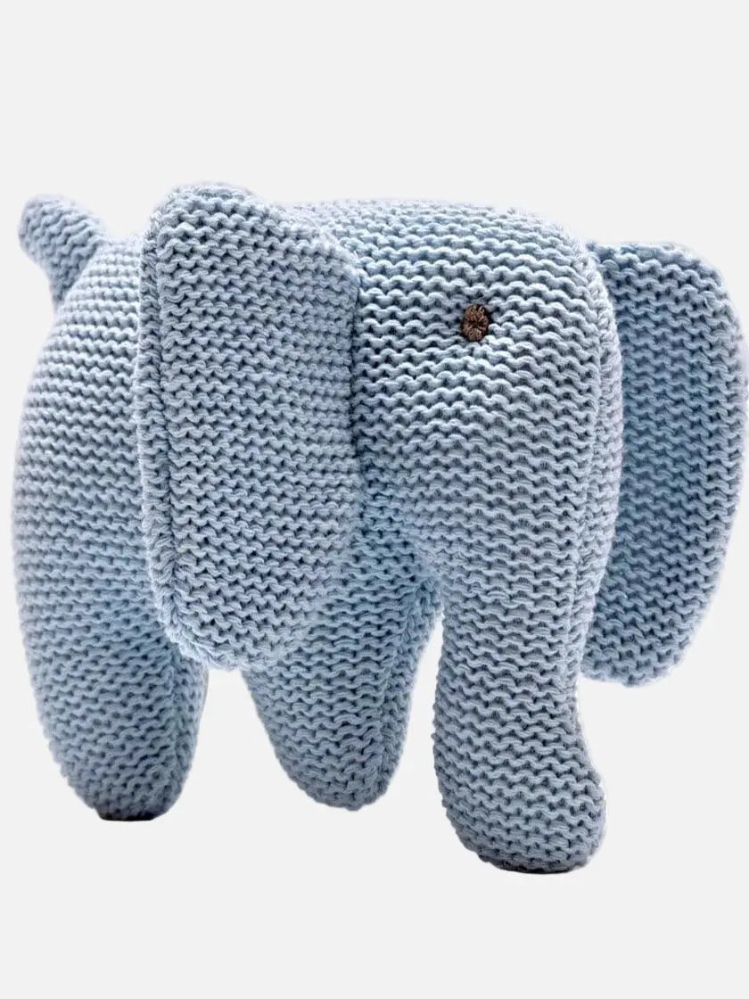Blue knitted organic cotton elephant baby rattle by Best Years, fairtrade