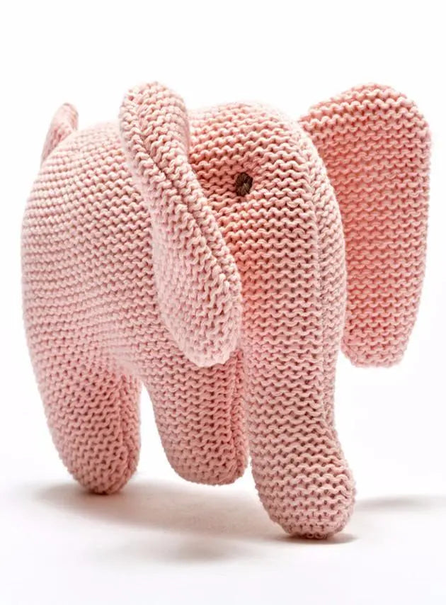 Pink knitted organic cotton elephant baby rattle by Best Years, fairtrade