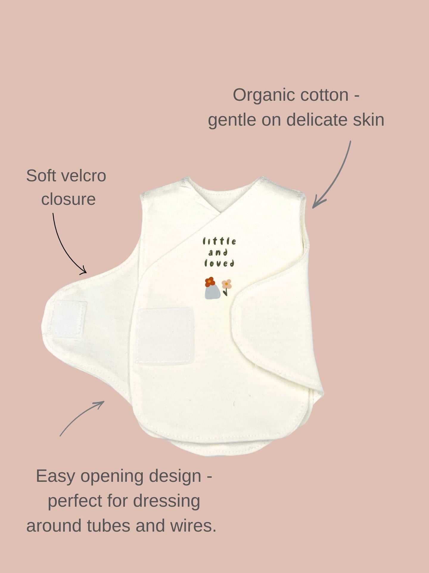 Organic Cotton Hat & Incubator Vest Set with 'Little and Loved' Flower Print. Bodysuit / Vest Little Dreamer