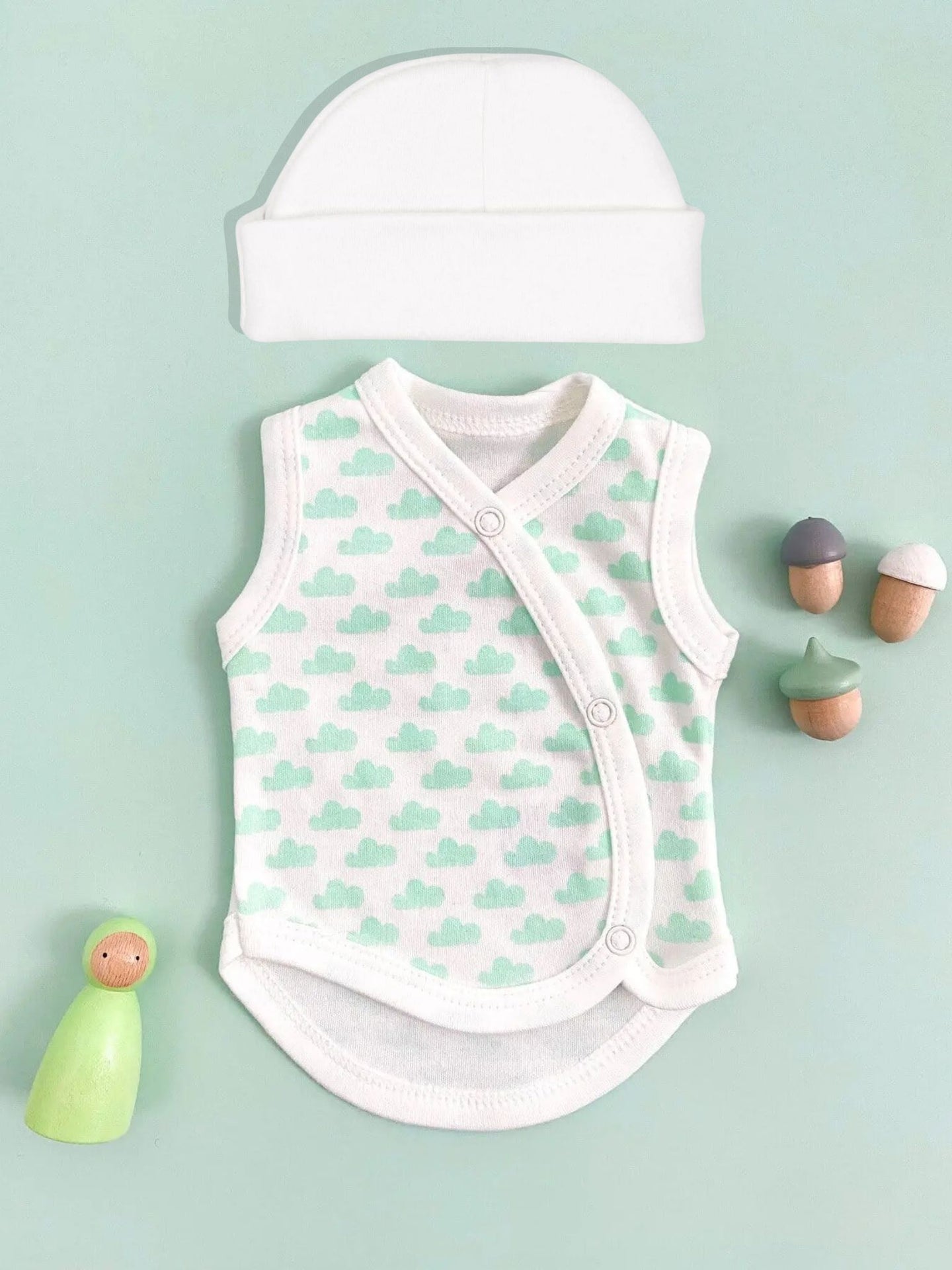 Incubator Vest & Round Hat Set Mint Cloud, 100% Organic Cotton (1.5-3lb) Bodysuit / Vest Tiny & Small