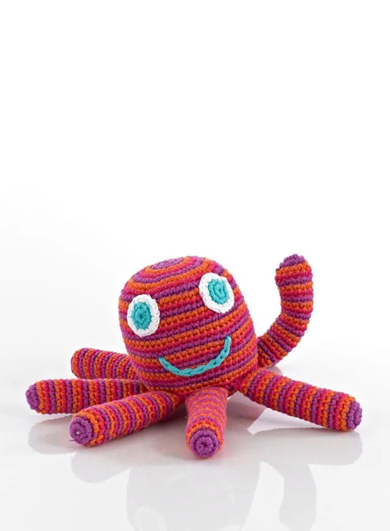 Red and purple stripe fair trade crochet octopus baby rattle toy by Pebble Toys