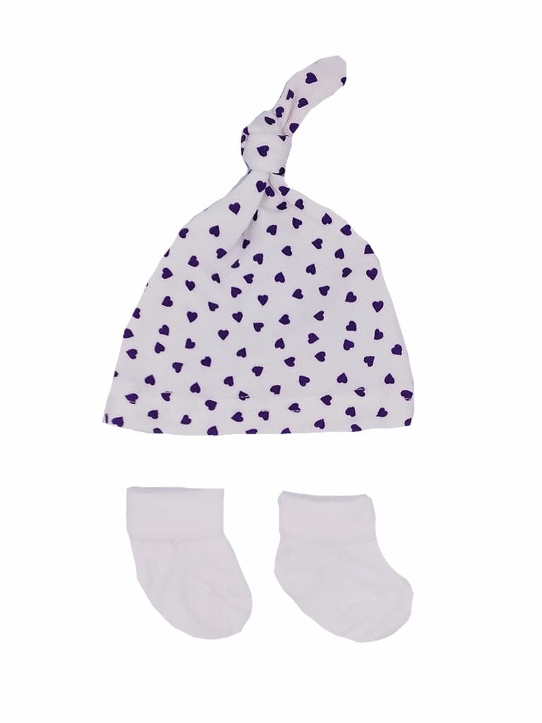Premature Baby Knotted Hat and Socks Set - Purple Hearts Hat, Mitts & Booties Set Little Mouse Baby Clothing & Gifts
