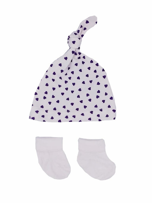 Premature Baby Knotted Hat and Socks Set - Purple Hearts Hat, Mitts & Booties Set Little Mouse Baby Clothing & Gifts