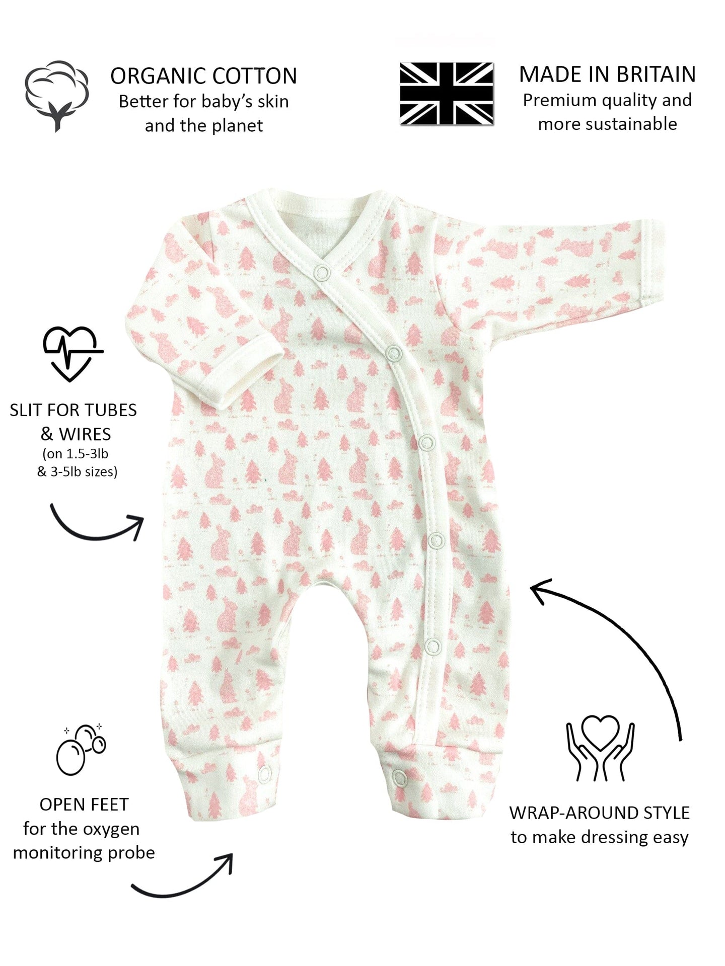 Sleepsuit for Premature Baby Girl, Bunny Meadow, 100% Organic Cotton Sleepsuit / Babygrow Tiny & Small
