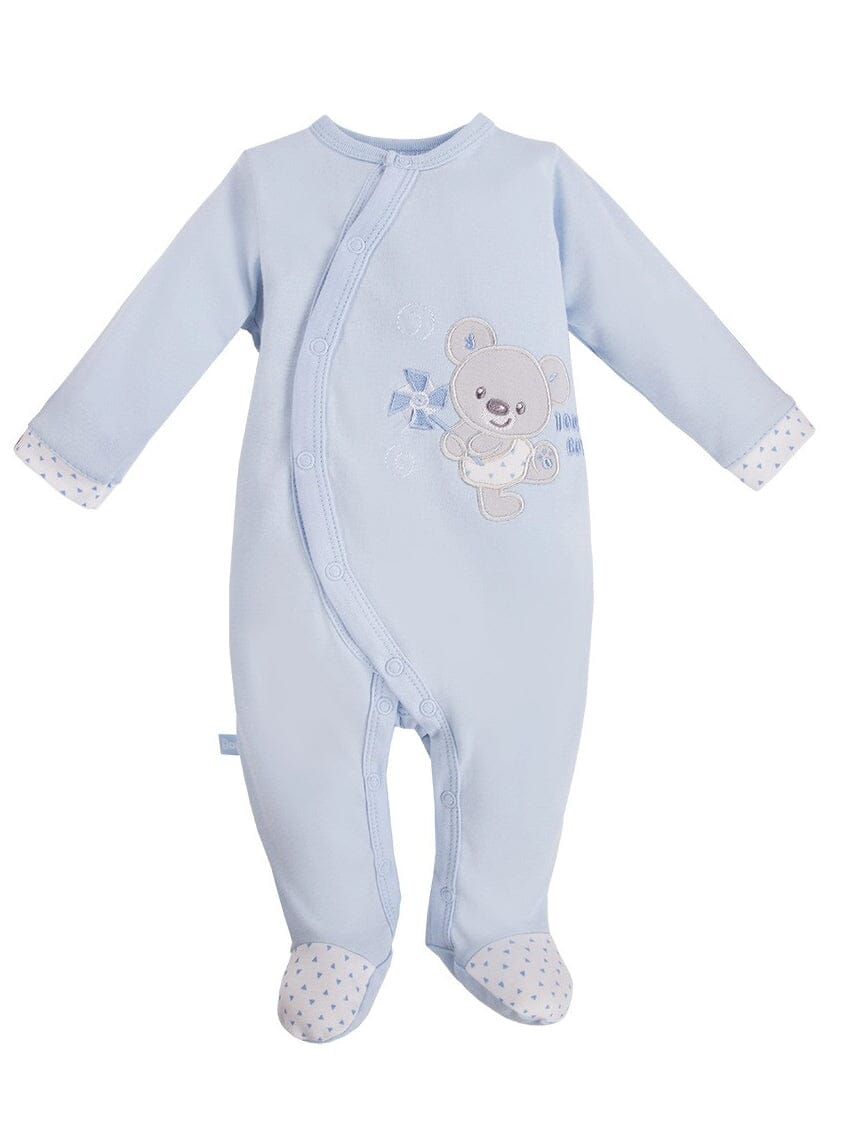 Early Baby Footed Sleepsuit, Embroidered Bear Design - Blue Sleepsuit / Babygrow EEVI