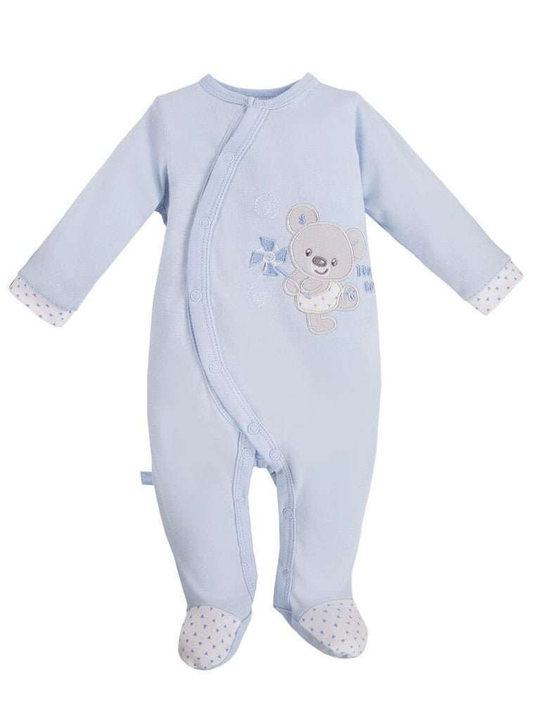 Early Baby Footed Sleepsuit, Embroidered Bear Design - Blue Sleepsuit / Babygrow EEVI