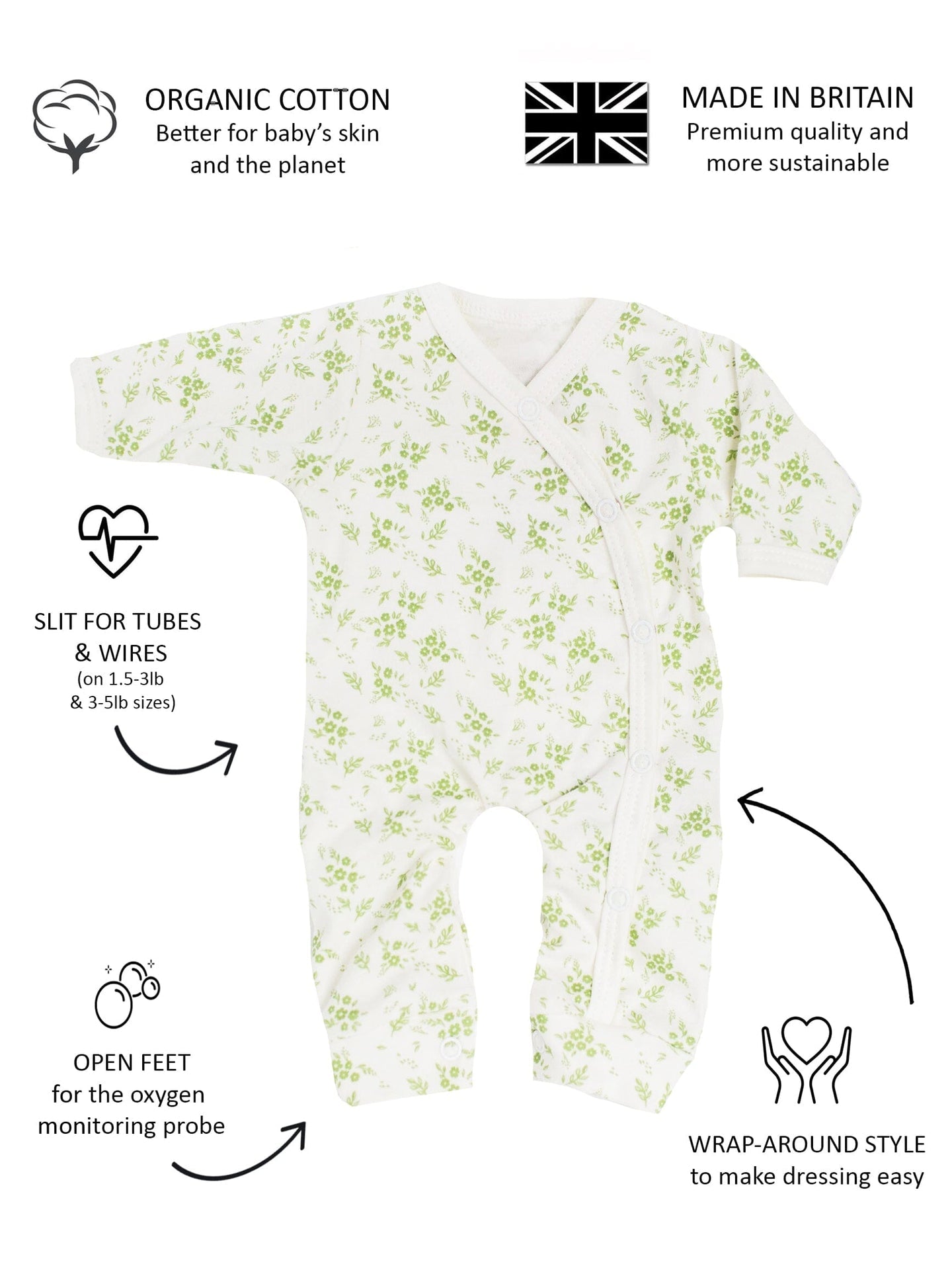 Preemie Girl Sleepsuit, Apple Floral, Premium 100% Organic Cotton Sleepsuit / Babygrow Tiny & Small
