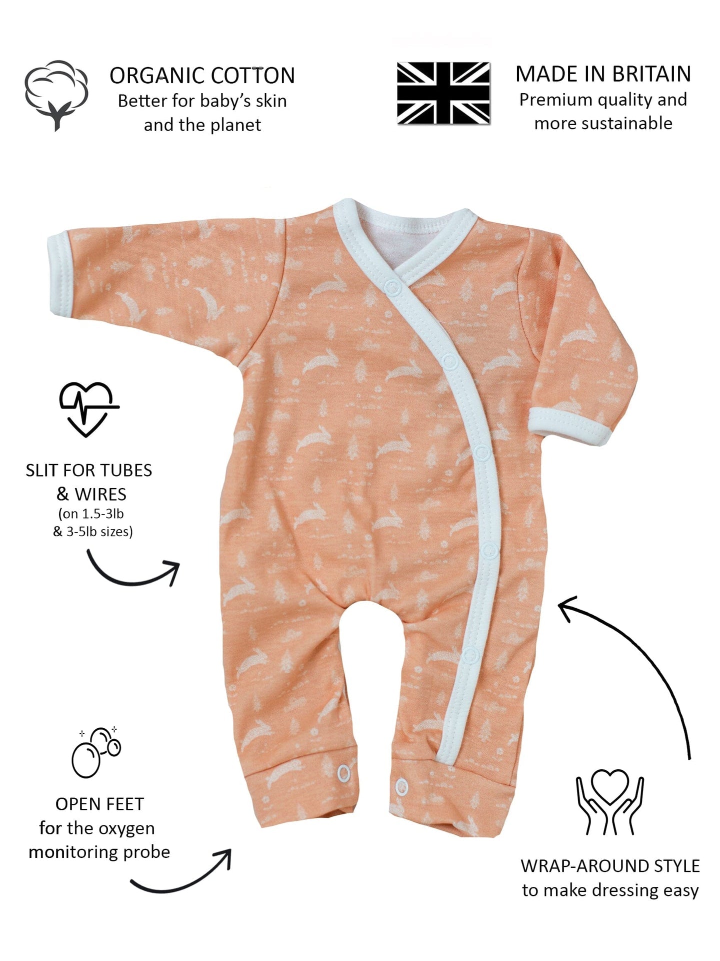 Prem Sleepsuit, Leaping Bunnies, Premium 100% Organic Cotton Sleepsuit / Babygrow Tiny & Small
