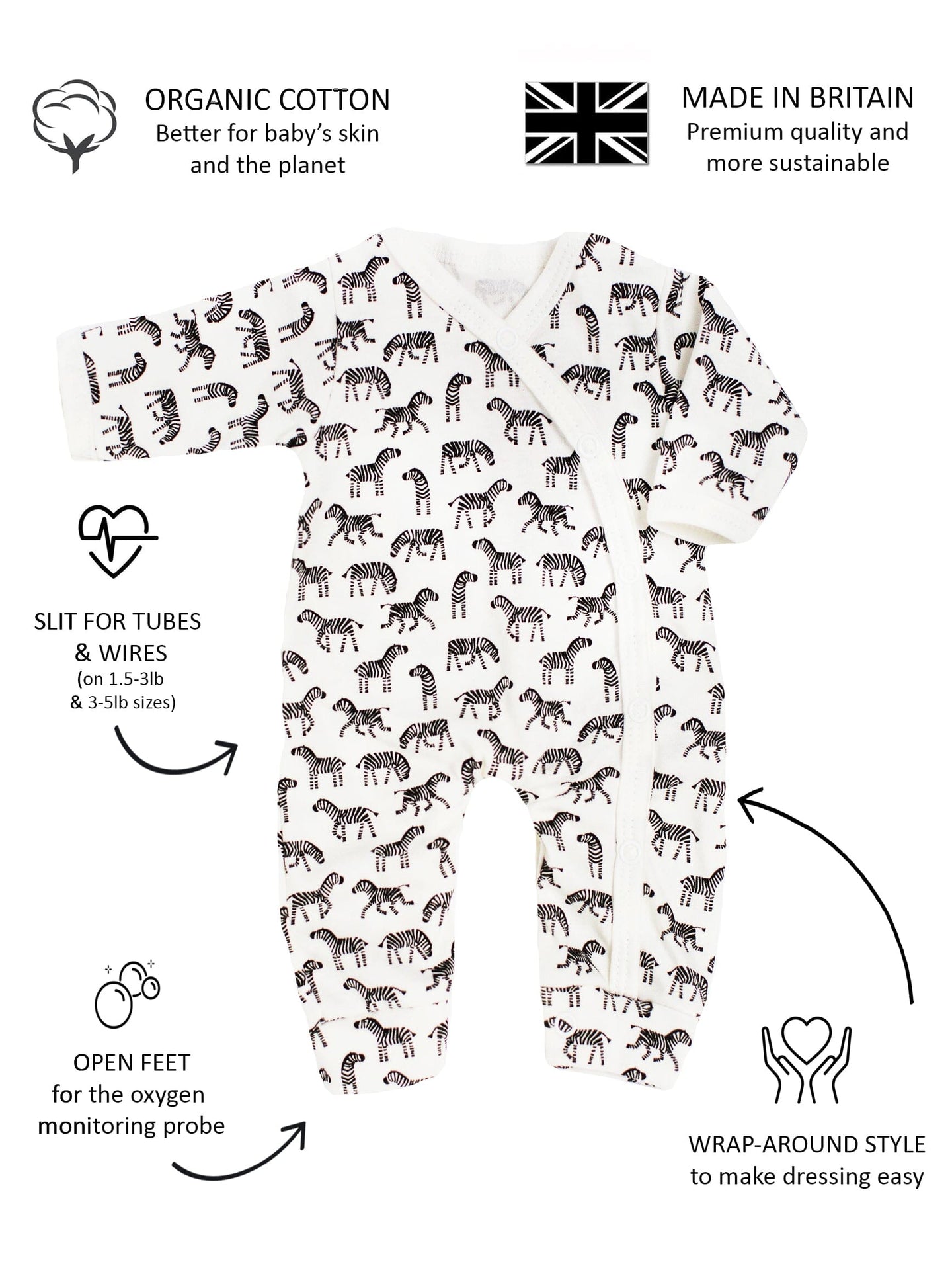 Premature Baby Sleepsuit, Zebras, 100% Organic Cotton Sleepsuit / Babygrow Tiny & Small